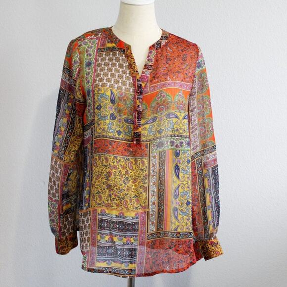 Liz Claiborne BOHO Tribal Long  Sleeve Lightweight Blouse Size Small - Picture 1 of 6
